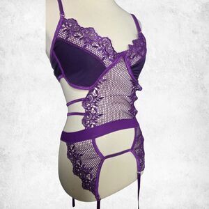 Purple Lace Mesh Garter Bodysuit – XL Strappy Fishnet Goth Glam Seductive Teddy